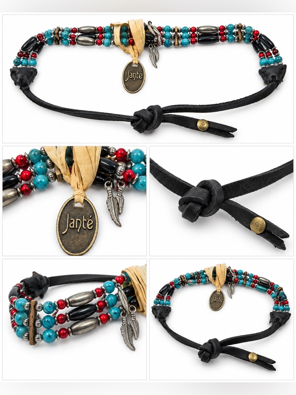 Janté Turquoise Red Black Multi-Strand Beaded Feather Necklace